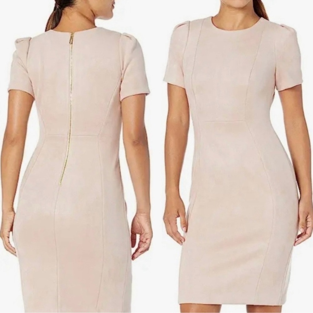 NWT Calvin Klein Faux Suede Tulip Sleeve Sheath Dress  size 14 NET - pale blush